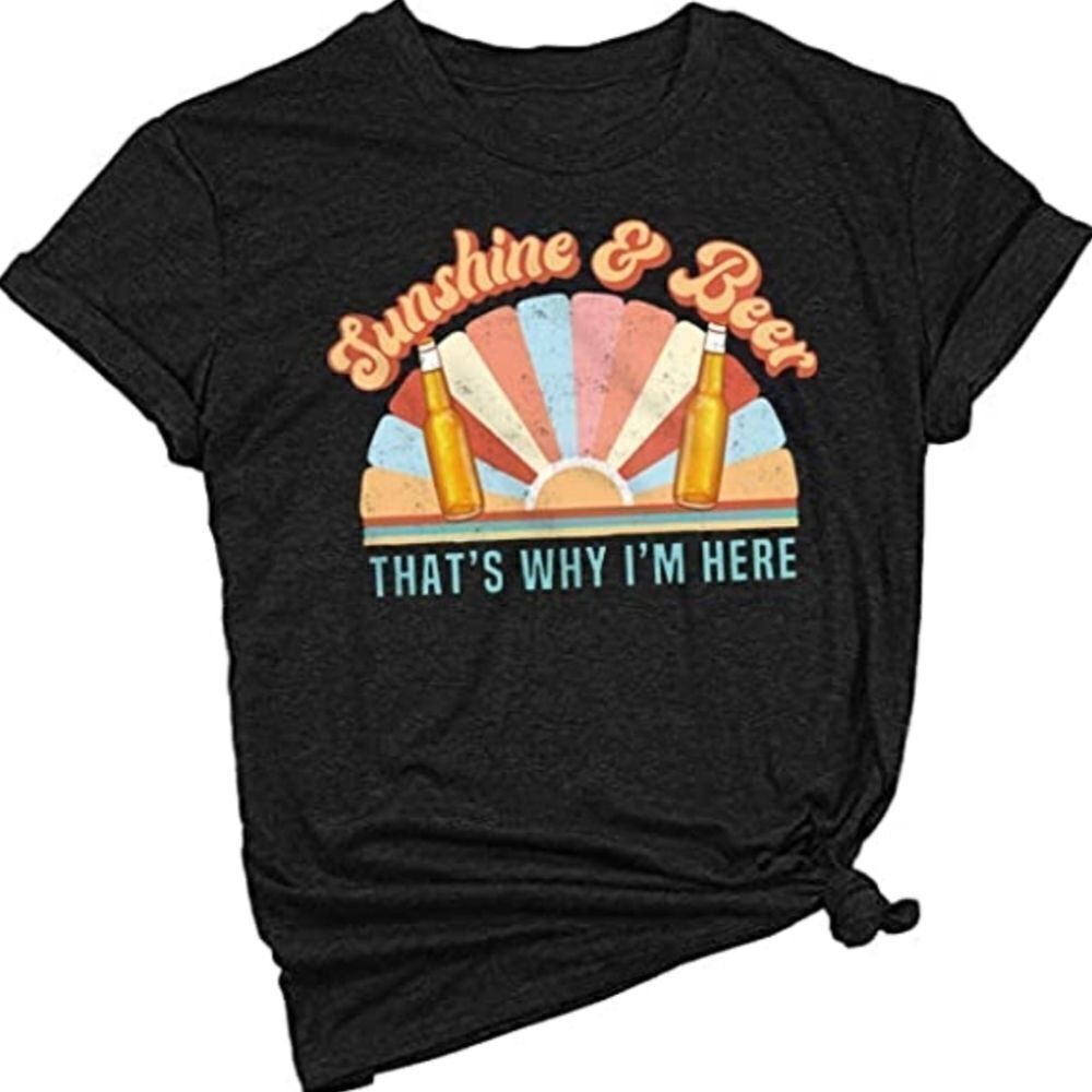 New Small SUNSHINE AND BEER THATS WHY I'M HERE Black T-Shirt Funny Graph…